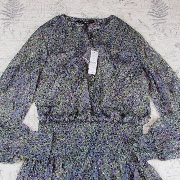 NEW $160 WHBM Smocked Blouson Dress sheer long slv touch of metalic womens sz  M - Picture 2 of 7